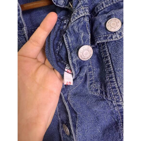 Alain Manoukian Denim Jacket Women’s M Blue Ruffle Hem Sleeve Button - Picture 2 of 6